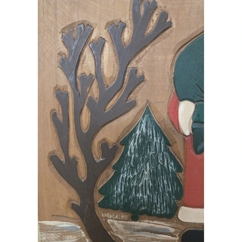 Folk Art Hand Carved & Painted Wood Merry Christmas Tree Santa  Wall Hanging 16